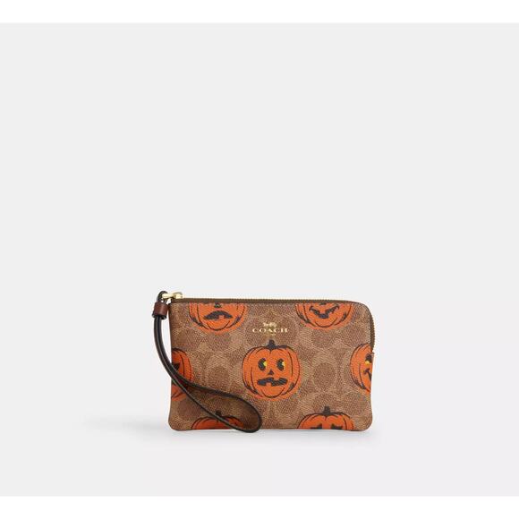 Coach Corner Zip Wristlet In Signature Canvas With Halloween Print Pumpkin NWT - Picture 4 of 16
